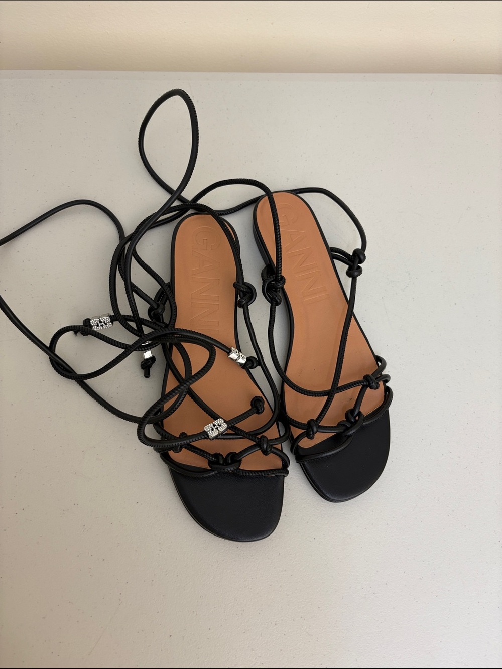 Ganni Black Rope Lace-Up Sandals with Tan Footbed